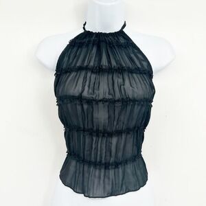 NWT PrettyLittleThing Womens Black Chiffon Ruched Halter Neck Longline Top 10